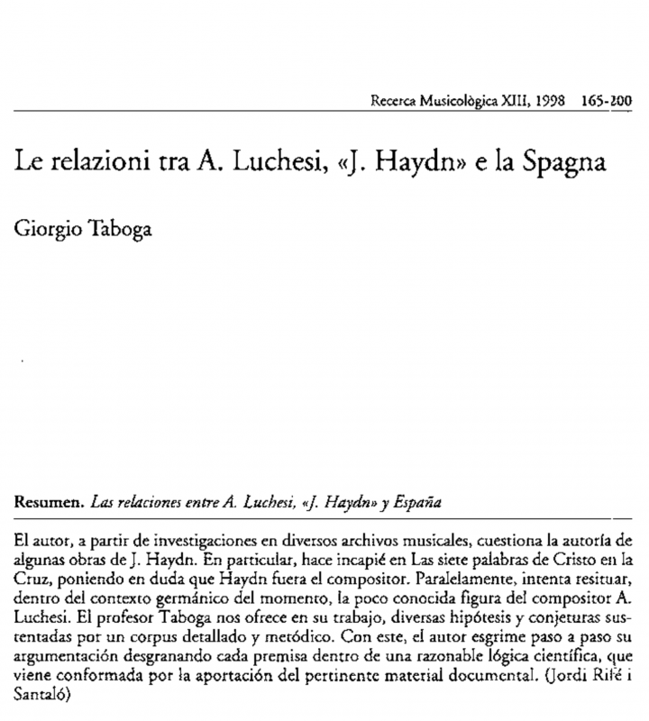 G. Taboga. La relazione tra A. Luchesi, «J. Haydn» e la Spagna
